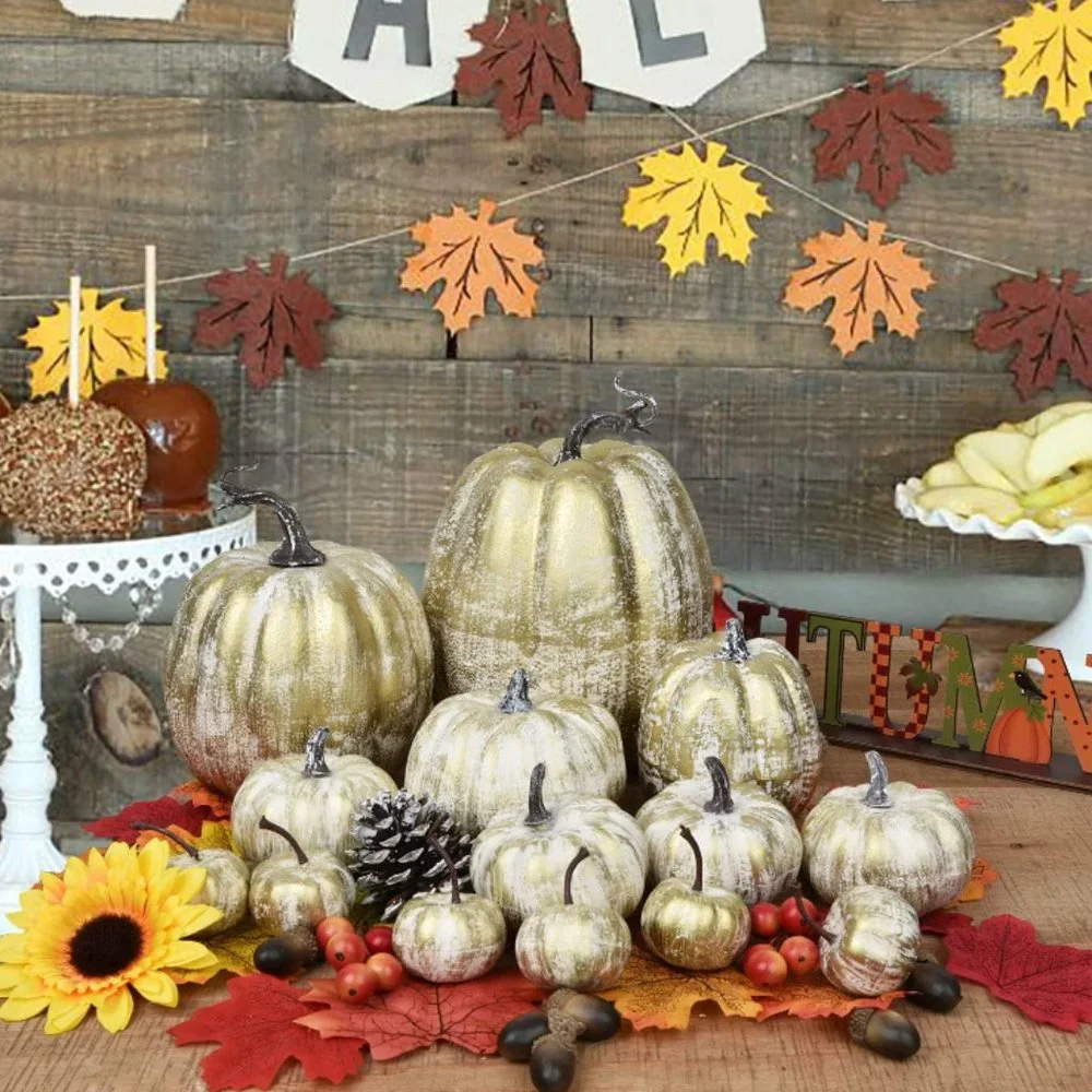 GOLDEN BRUSHED RUSTIC ARTIFICIAL PUMPKIN SET - Picture 5 of 5